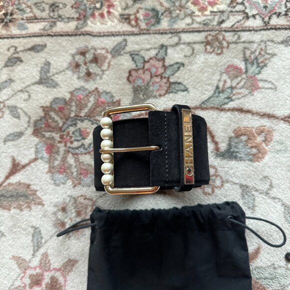 CHANEL Black Suede Pearls Logo Chain Belt 80 32 L@@K! *MINT* - Picture 2 of 14